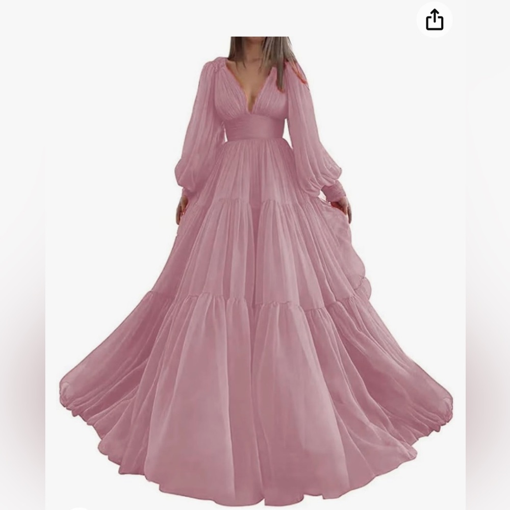 Long Sleeve Tulle Prom Dresses V Neck Puffy Formal Evening Party Gown